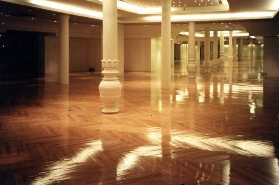 Intérieur moderne avec parquet en bois exotique foncé aux lames droites, plinthes blanches et murs peints en blanc