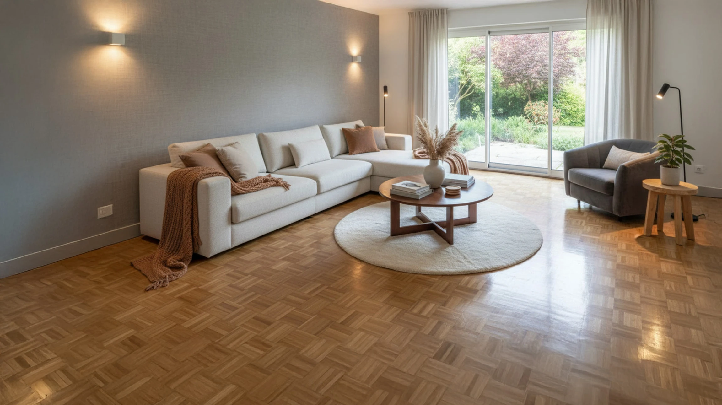 Scène d'intérieur sur plancher en bois massif avec casque de chantier jaune et outils de menuiserie disposés sur parquet naturel